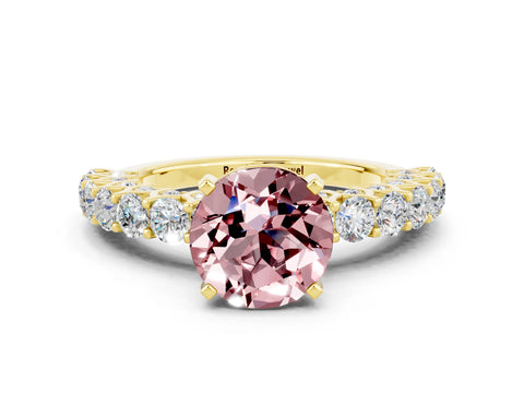 Yellow gold Round Cut Morganite Solitaire Ring with Shared Prong Pavé Band and Four-Prong Setting