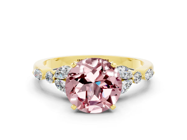 Yellow gold Round Cut Morganite Solitaire Ring with Side Stones and Four-Prong Setting