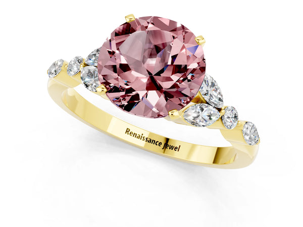 Yellow gold Round Cut Morganite Solitaire Ring with Side Stones and Four-Prong Setting