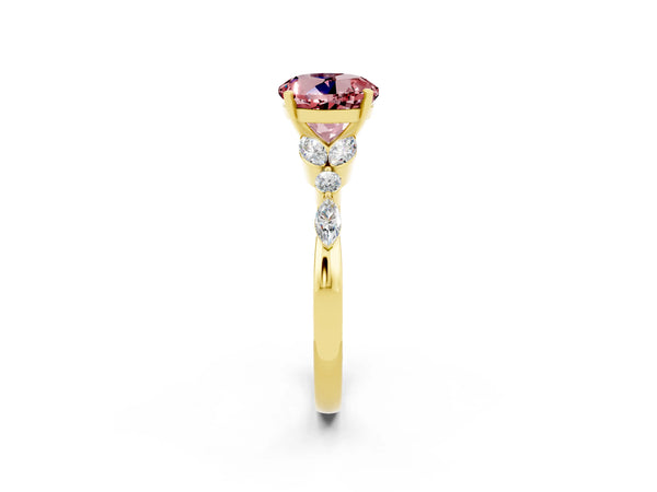 Yellow gold Round Cut Morganite Solitaire Ring with Side Stones and Four-Prong Setting