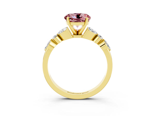 Yellow gold Round Cut Morganite Solitaire Ring with Side Stones and Four-Prong Setting