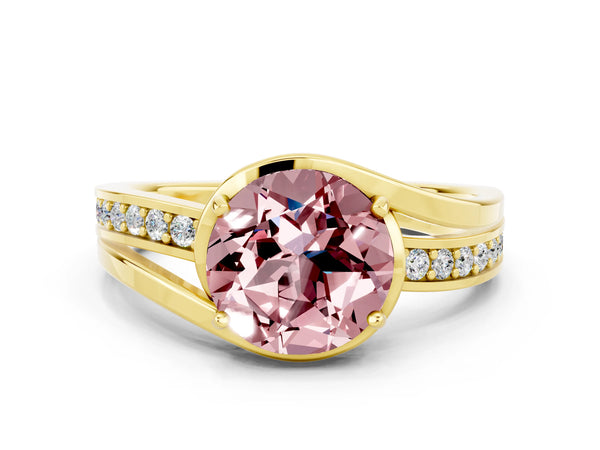 Yellow gold Round Cut Morganite Solitaire Ring with Split Shank and Prong Setting