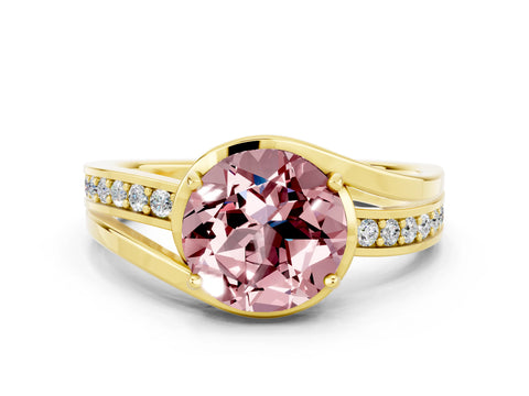 Yellow gold Round Cut Morganite Solitaire Ring with Split Shank and Prong Setting