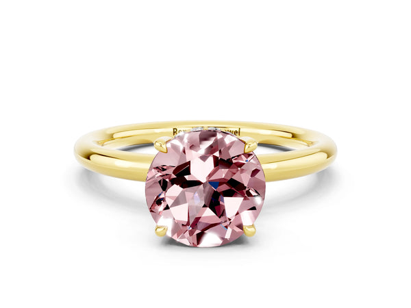 Yellow gold Round Cut Morganite Solitaire Ring with Thin Band and Four-Prong Setting