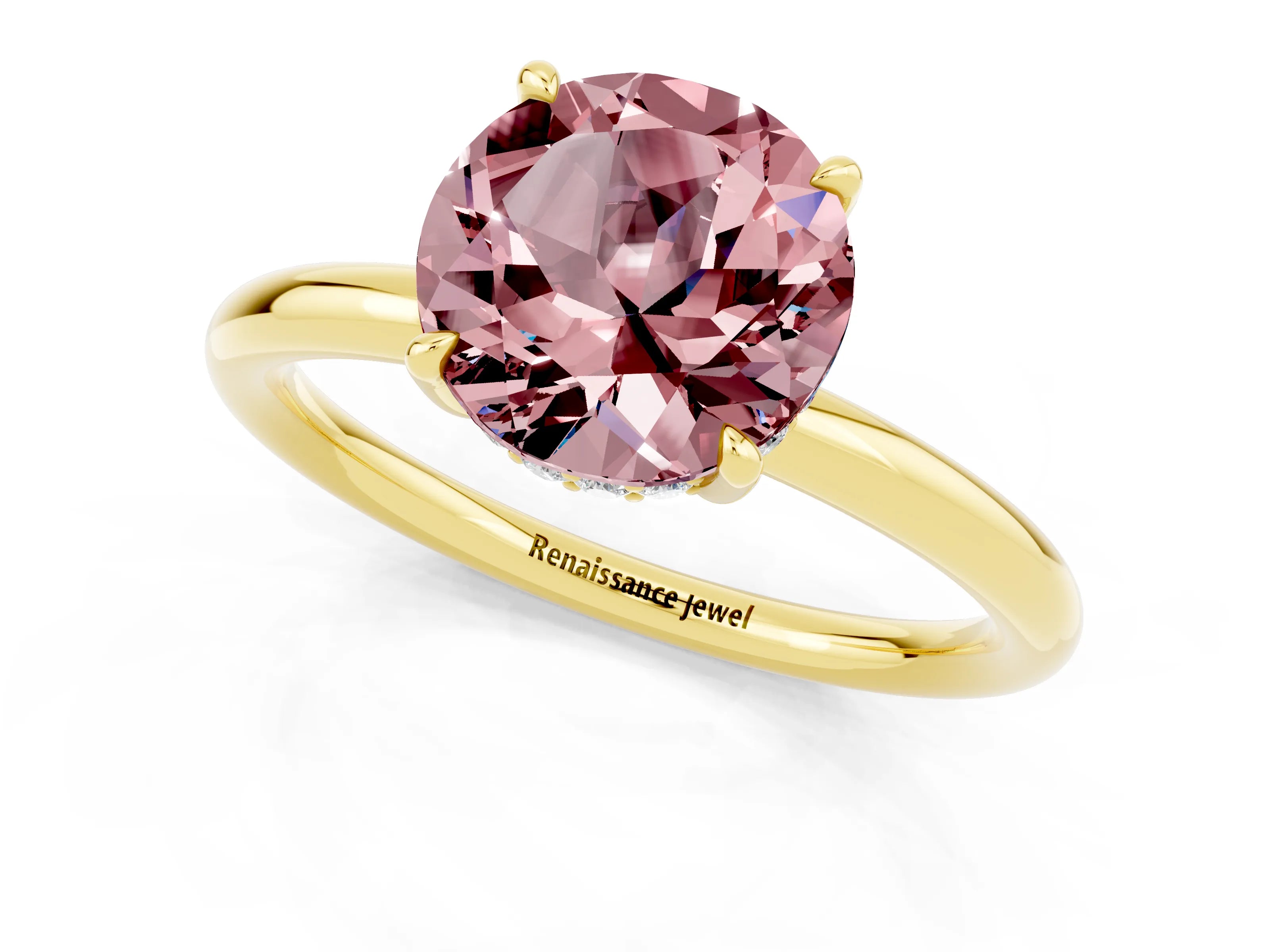 Yellow gold Round Cut Morganite Solitaire Ring with Thin Band and Four-Prong Setting_13