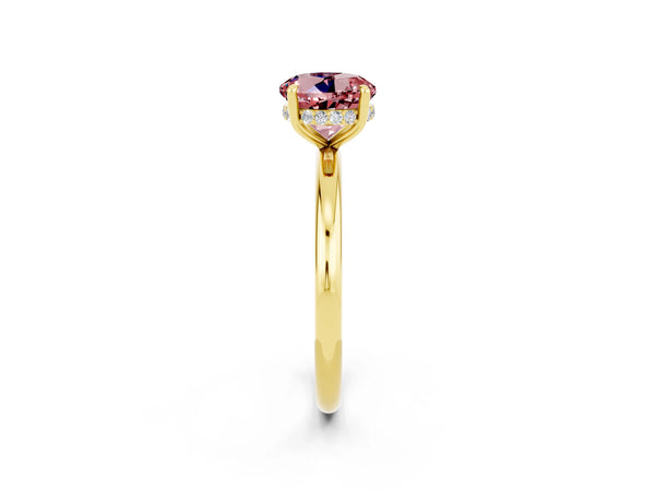 Yellow gold Round Cut Morganite Solitaire Ring with Thin Band and Four-Prong Setting