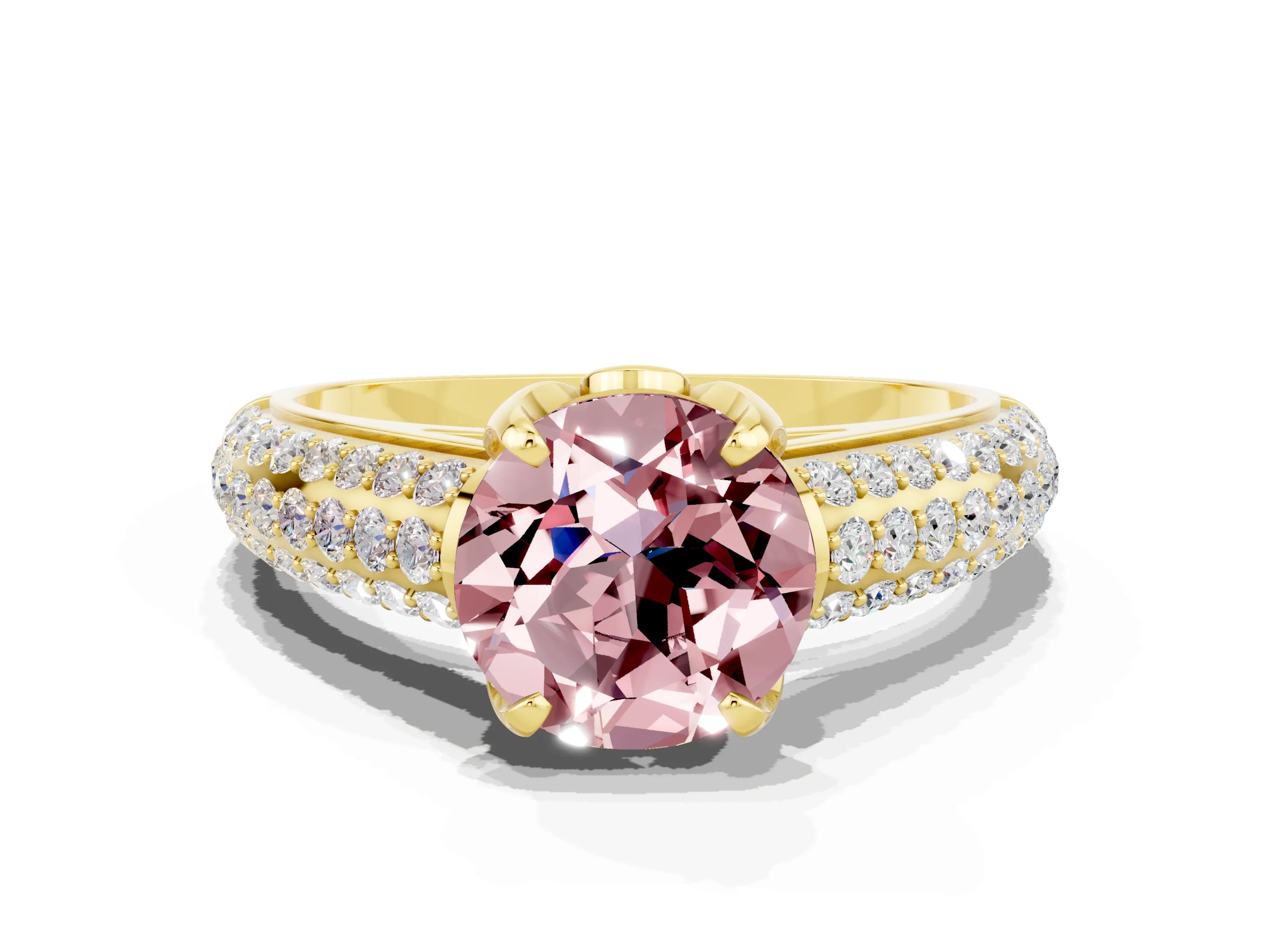 Yellow gold Round Cut Morganite Solitaire Ring with Three-Row Pavé Band and Four-Prong Setting_12