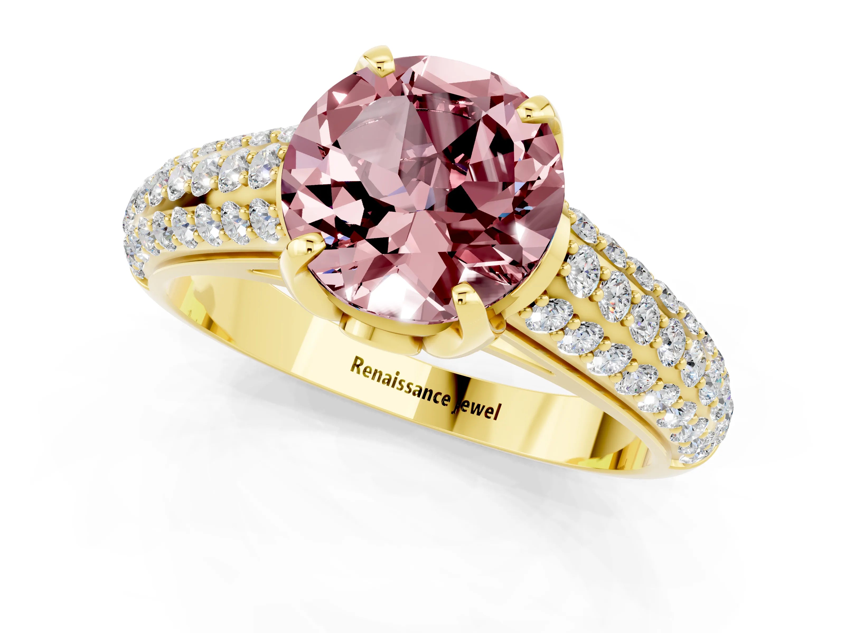 Yellow gold Round Cut Morganite Solitaire Ring with Three-Row Pavé Band and Four-Prong Setting_13