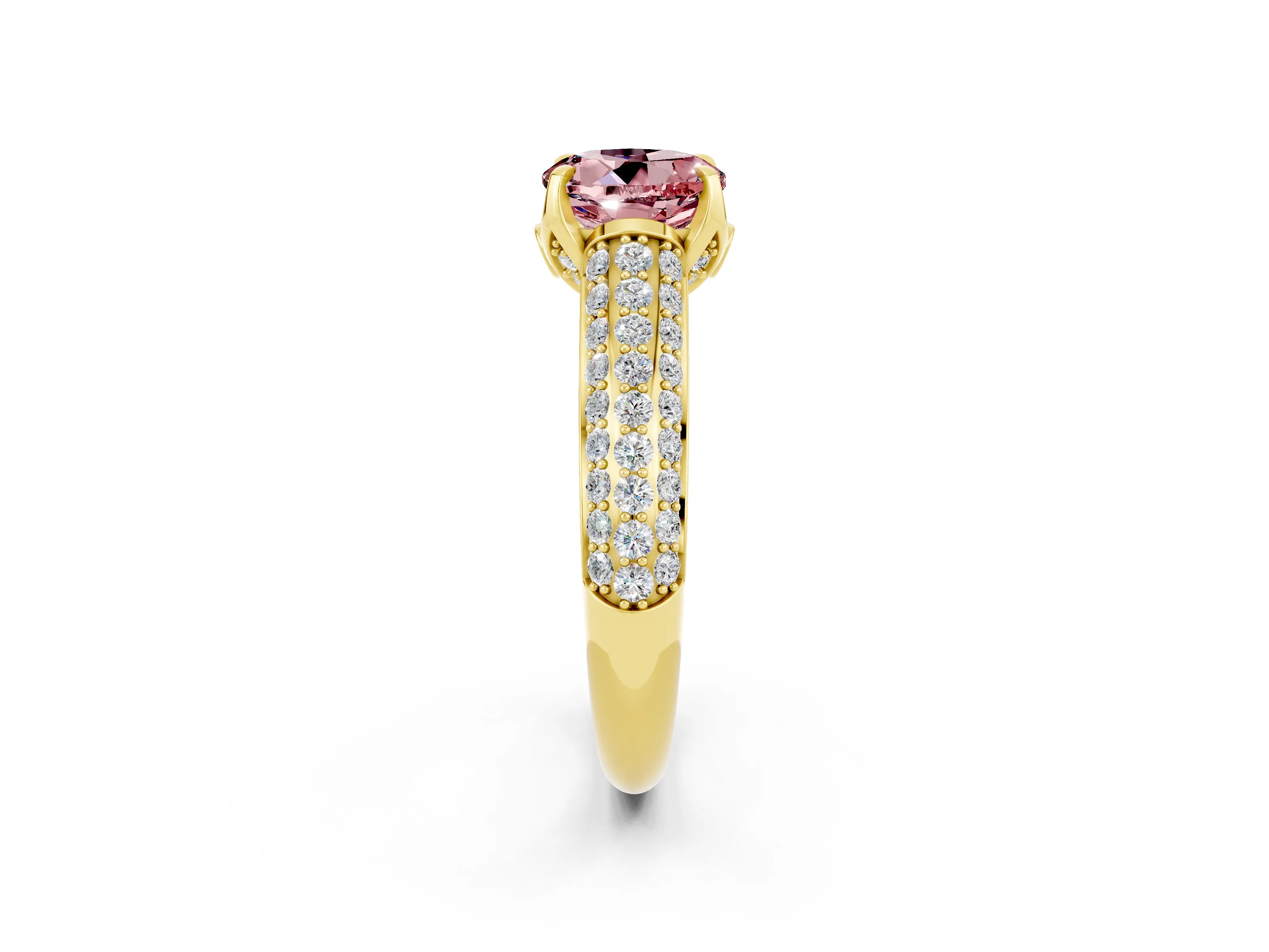Yellow gold Round Cut Morganite Solitaire Ring with Three-Row Pavé Band and Four-Prong Setting_14