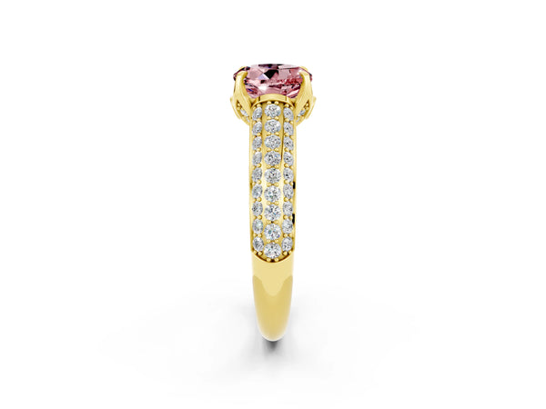 Yellow gold Round Cut Morganite Solitaire Ring with Three-Row Pavé Band and Four-Prong Setting
