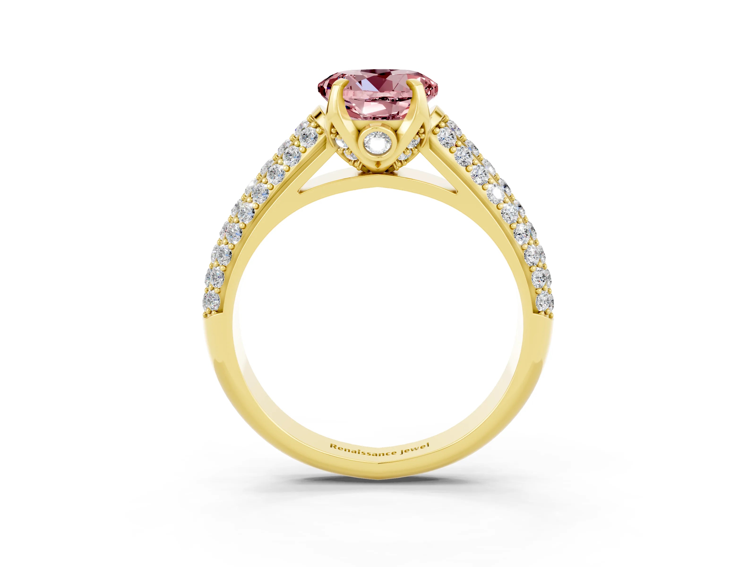 Yellow gold Round Cut Morganite Solitaire Ring with Three-Row Pavé Band and Four-Prong Setting_15