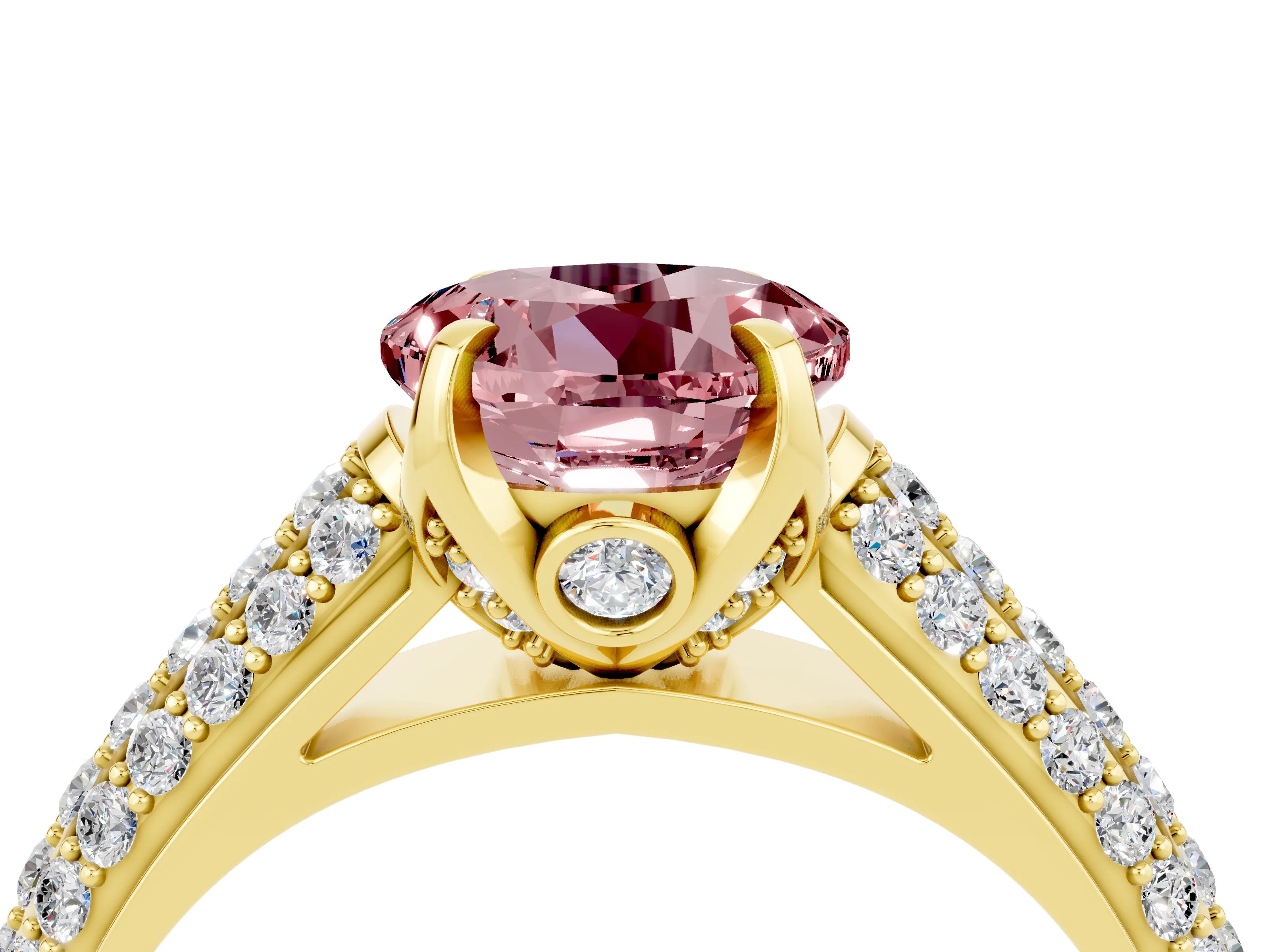 Yellow gold Round Cut Morganite Solitaire Ring with Three-Row Pavé Band and Four-Prong Setting_16