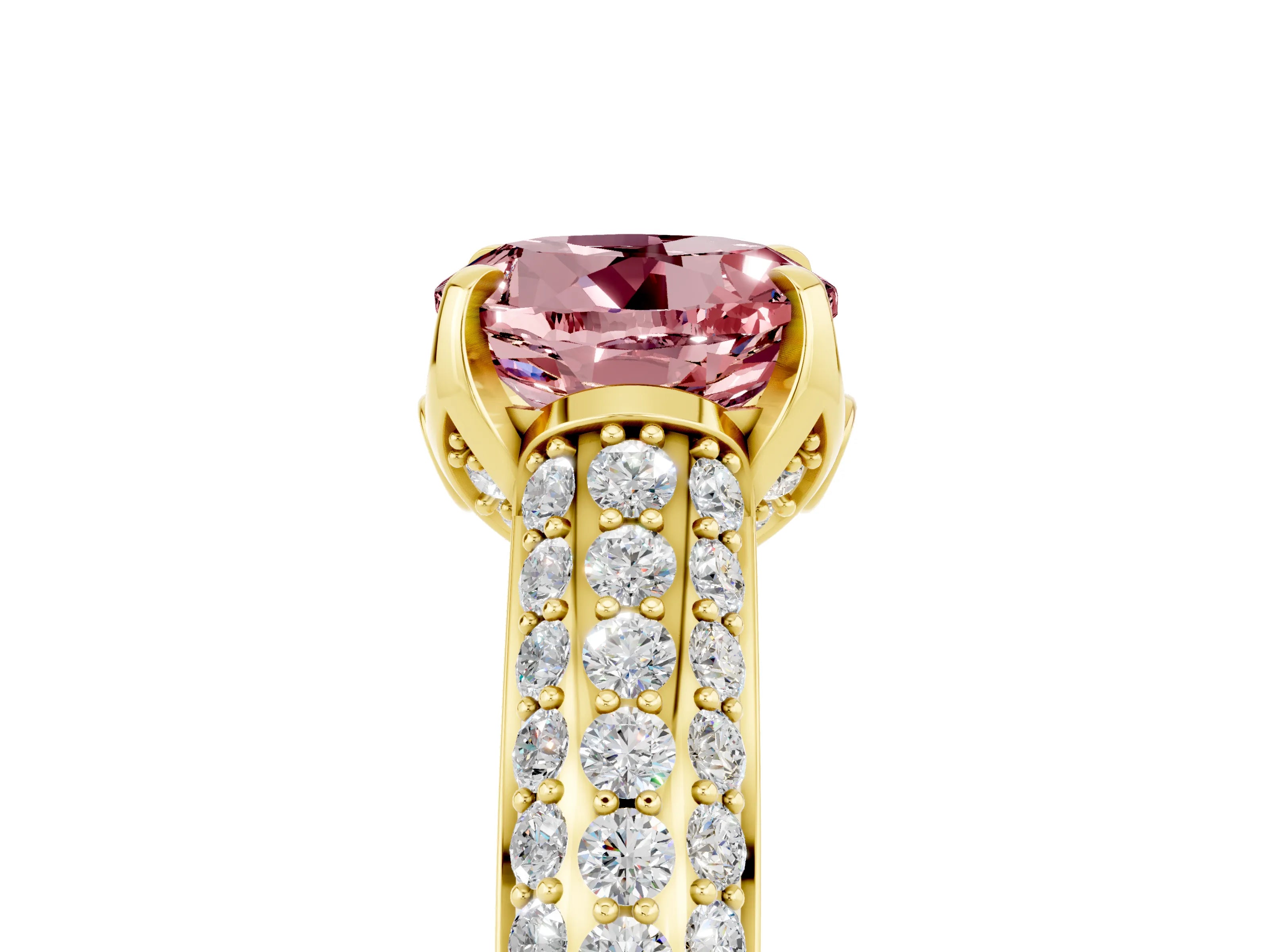 Yellow gold Round Cut Morganite Solitaire Ring with Three-Row Pavé Band and Four-Prong Setting_17