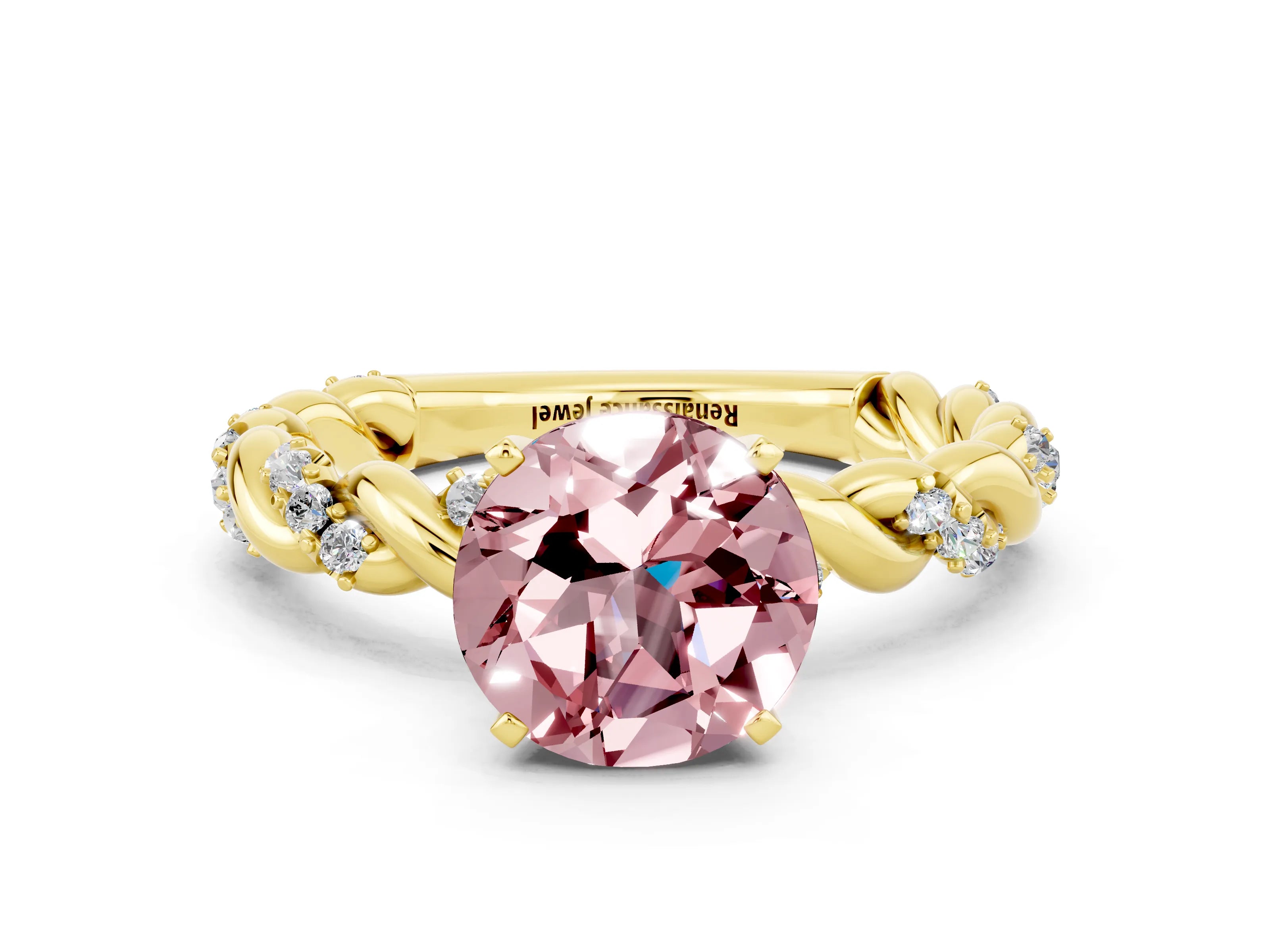 Yellow gold Round Cut Morganite Solitaire Ring with Twisted Band and Pavé Accents