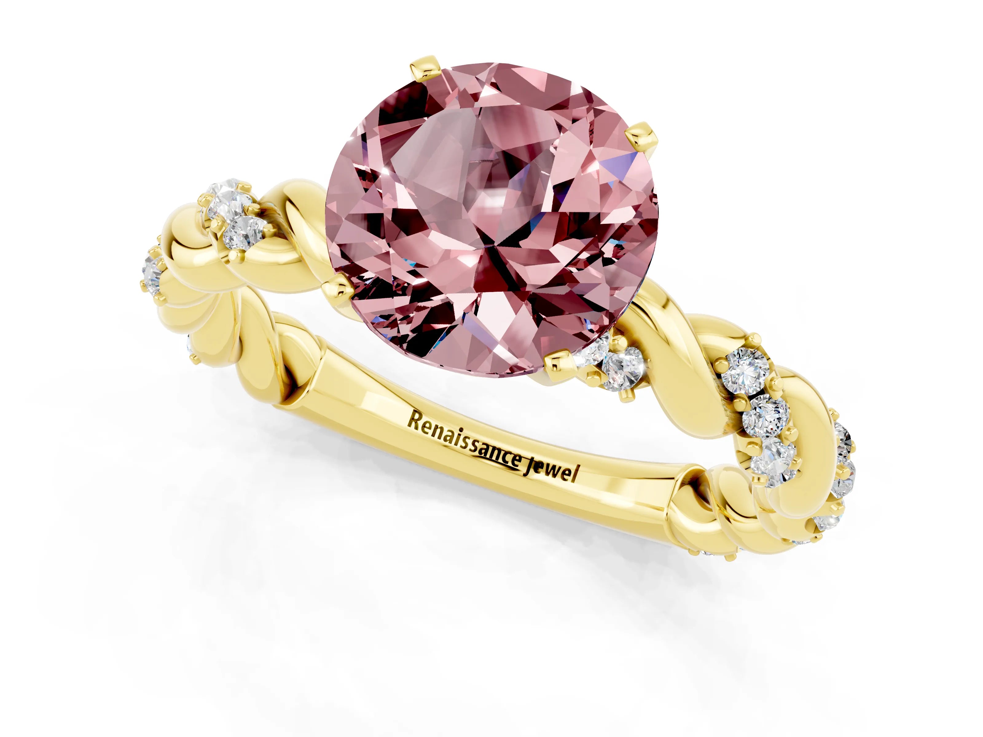 Yellow gold Round Cut Morganite Solitaire Ring with Twisted Band and Pavé Accents_1