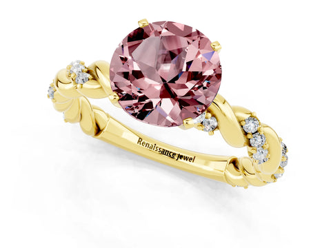 Yellow gold Round Cut Morganite Solitaire Ring with Twisted Band and Pavé Accents_1