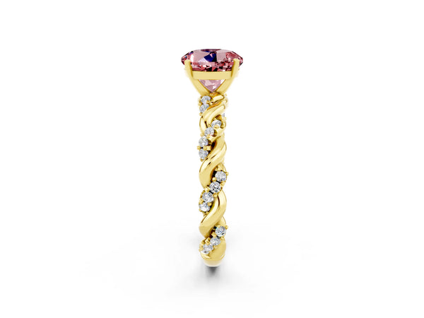 Yellow gold Round Cut Morganite Solitaire Ring with Twisted Band and Pavé Accents