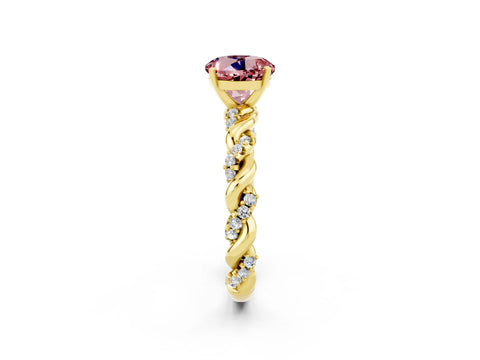 Yellow gold Round Cut Morganite Solitaire Ring with Twisted Band and Pavé Accents_2