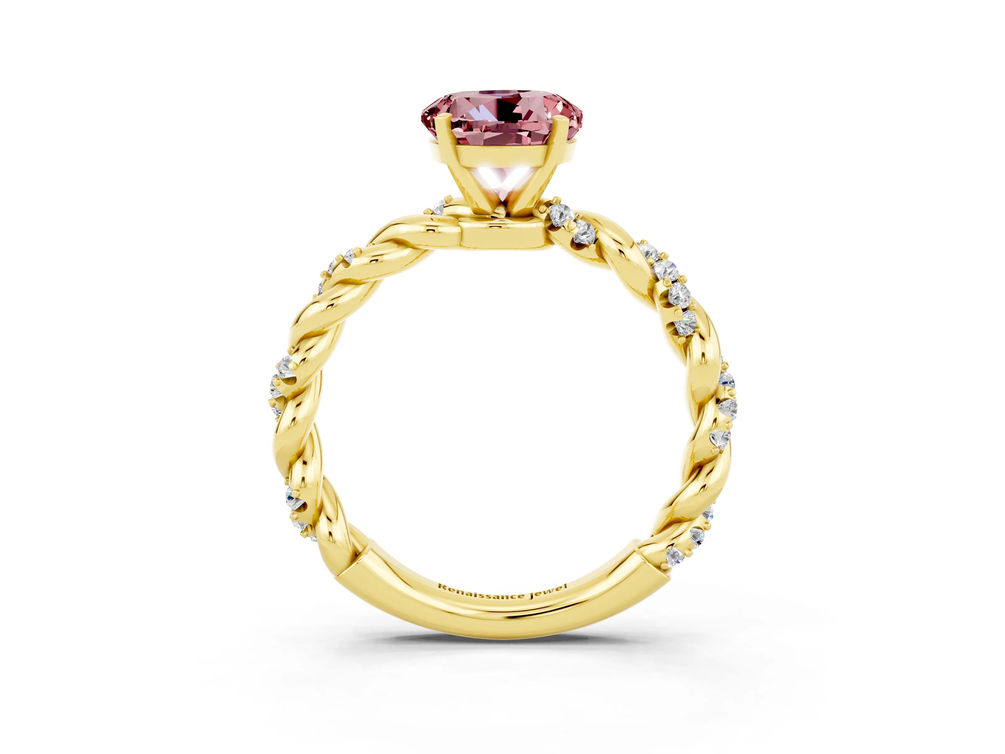 Yellow gold Round Cut Morganite Solitaire Ring with Twisted Band and Pavé Accents_3