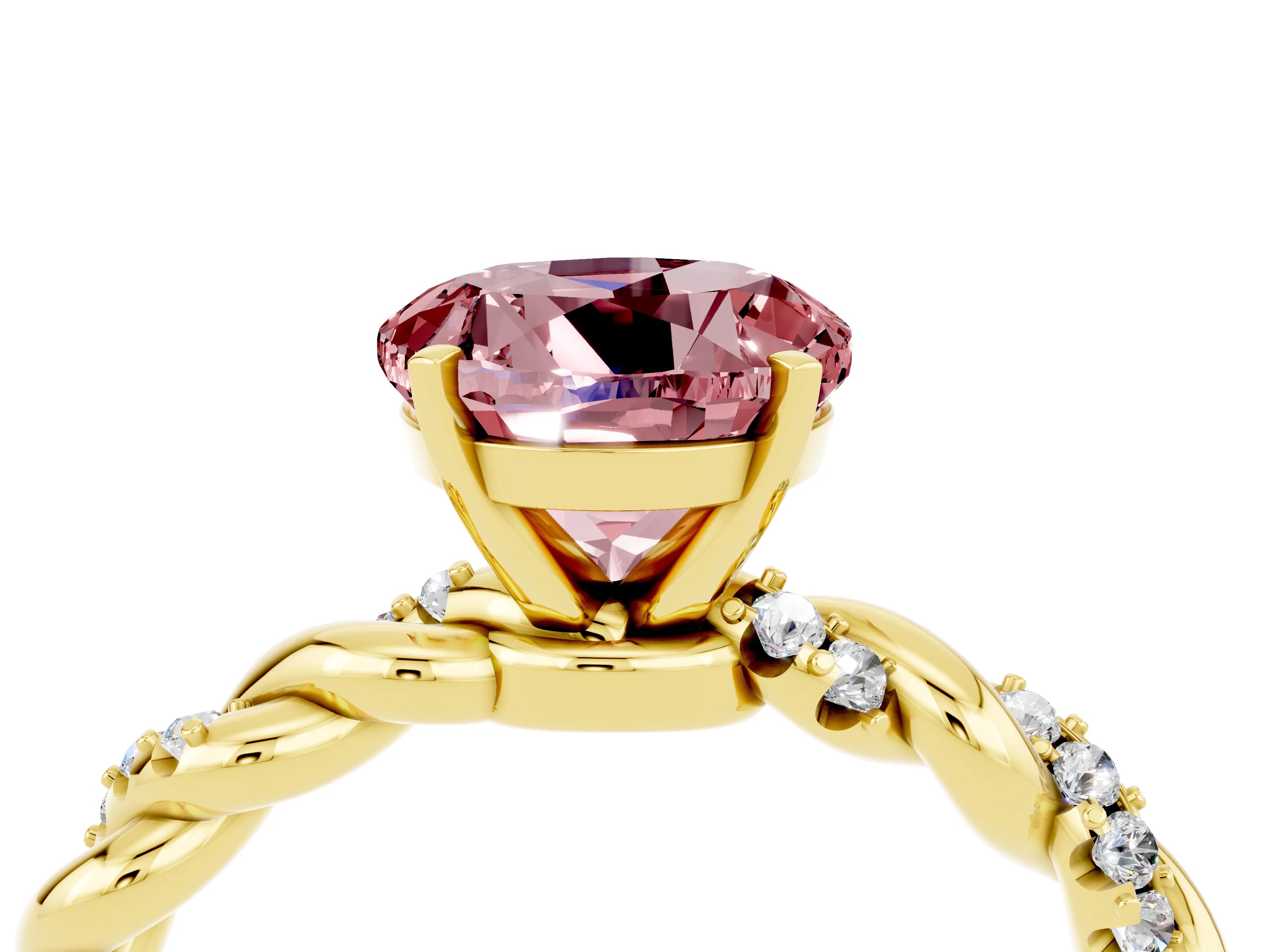 Yellow gold Round Cut Morganite Solitaire Ring with Twisted Band and Pavé Accents_4