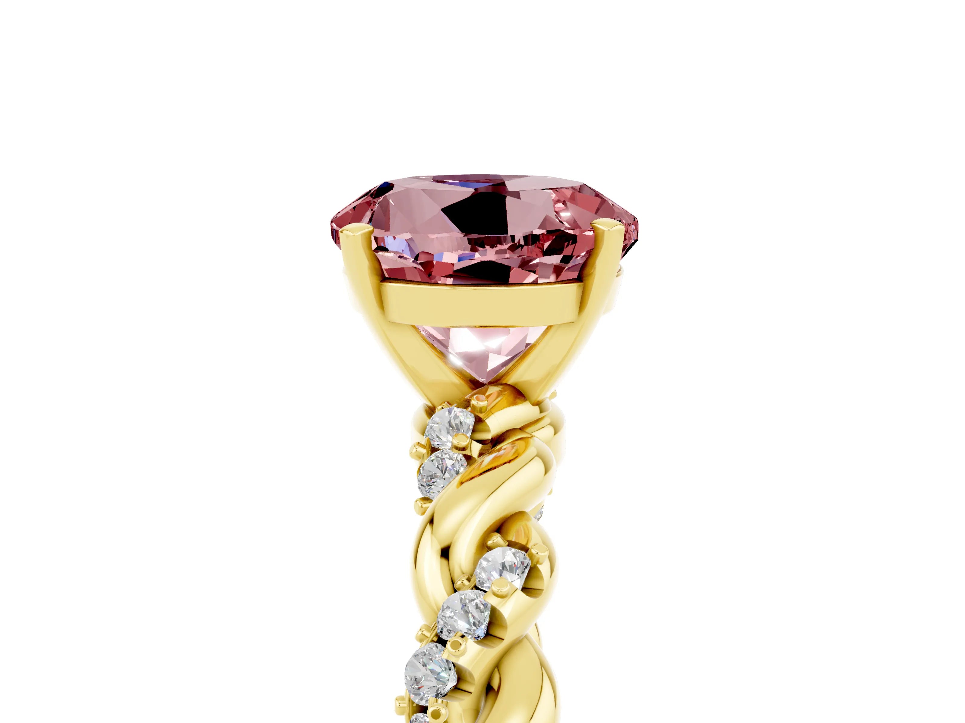 Yellow gold Round Cut Morganite Solitaire Ring with Twisted Band and Pavé Accents_5