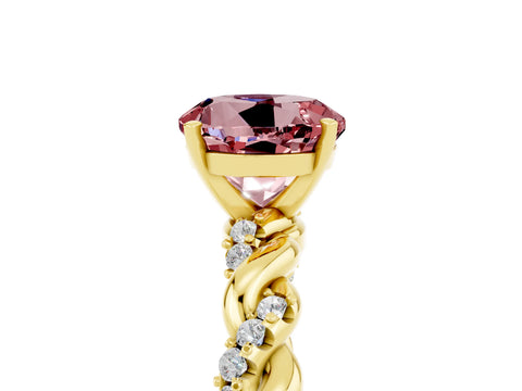 Yellow gold Round Cut Morganite Solitaire Ring with Twisted Band and Pavé Accents_5