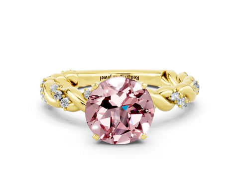 Yellow gold Round Cut Morganite Solitaire Ring with Twisted Band and Pavé Accents