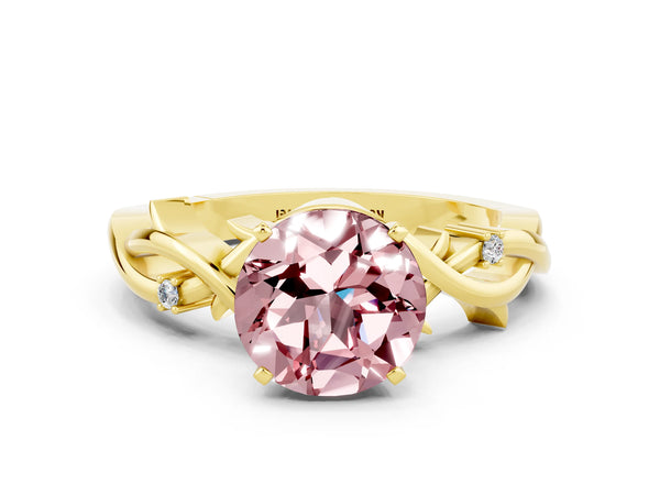 Yellow gold Round Cut Morganite Solitaire Ring with Twisted Band and Prong Setting