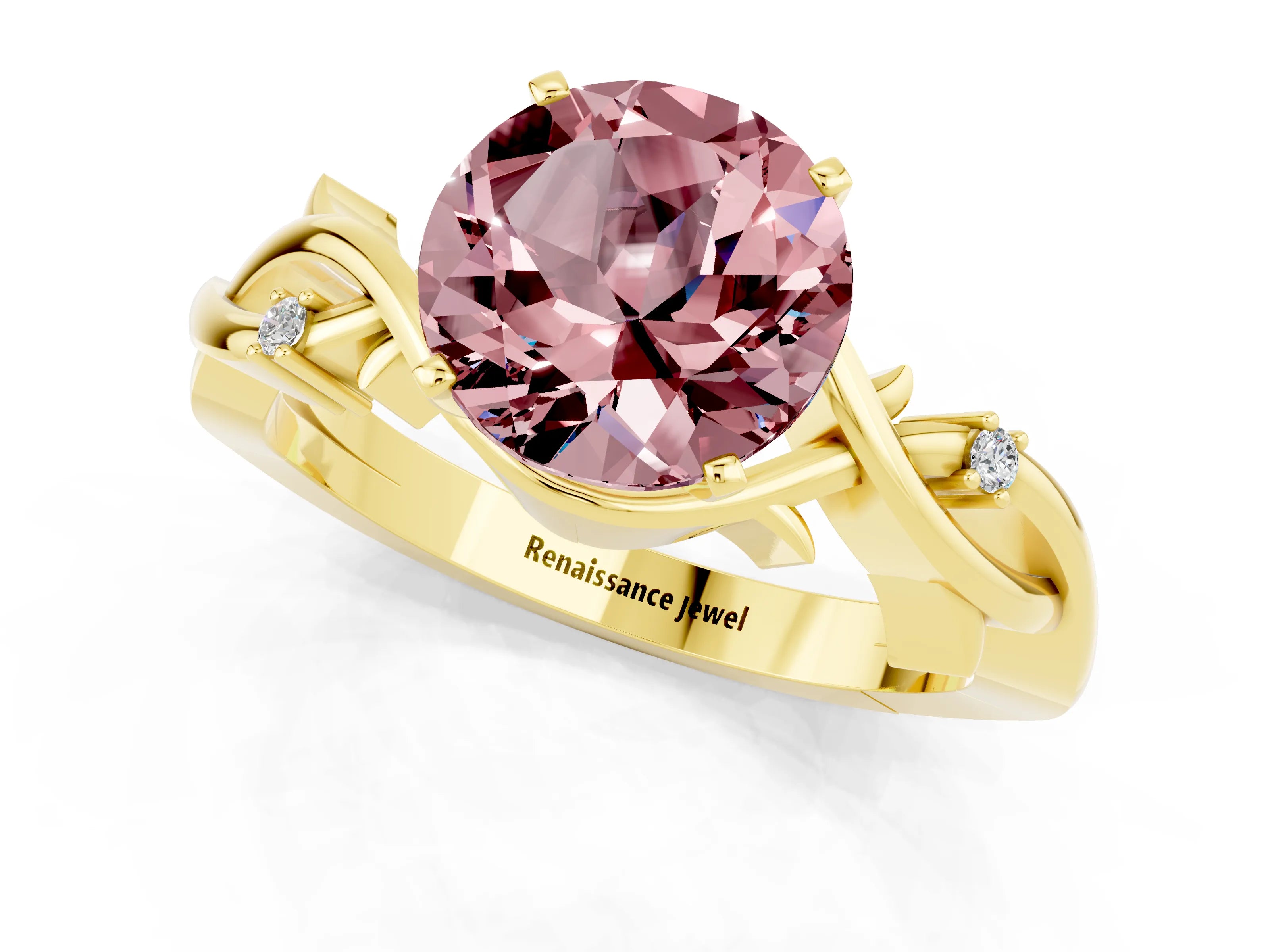 Yellow gold Round Cut Morganite Solitaire Ring with Twisted Band and Prong Setting_1