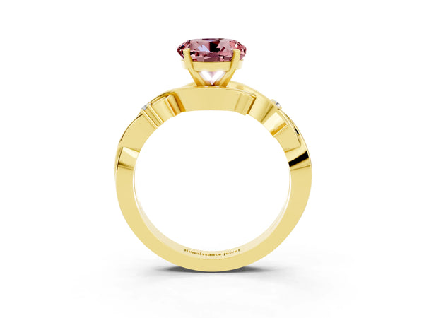 Yellow gold Round Cut Morganite Solitaire Ring with Twisted Band and Prong Setting