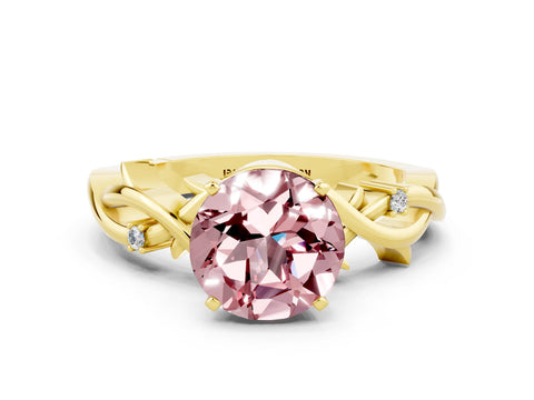 Yellow gold Round Cut Morganite Solitaire Ring with Twisted Band and Prong Setting