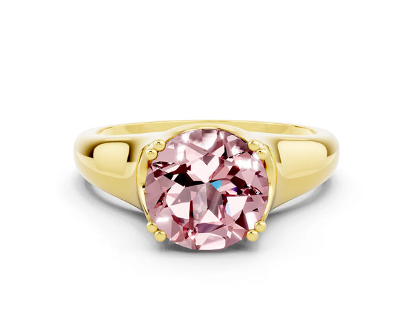 Yellow gold Round Cut Morganite Solitaire Ring with Wide Band and Prong Setting
