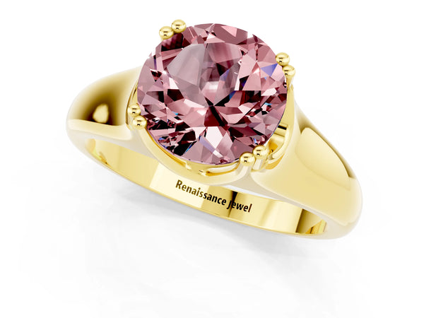 Yellow gold Round Cut Morganite Solitaire Ring with Wide Band and Prong Setting