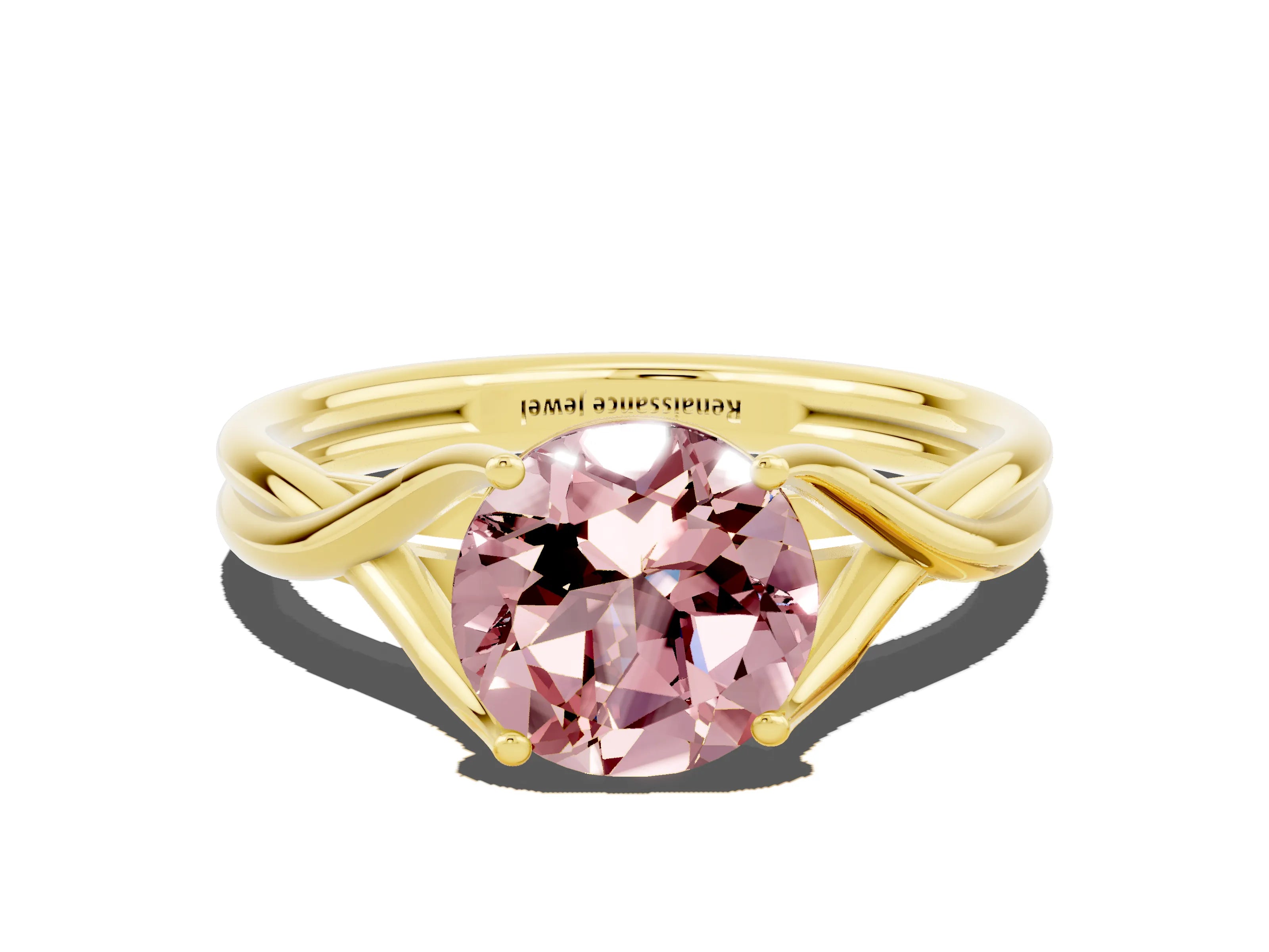 Yellow gold Round Cut Morganite Solitaire Twist Band Prong Setting Ring_55