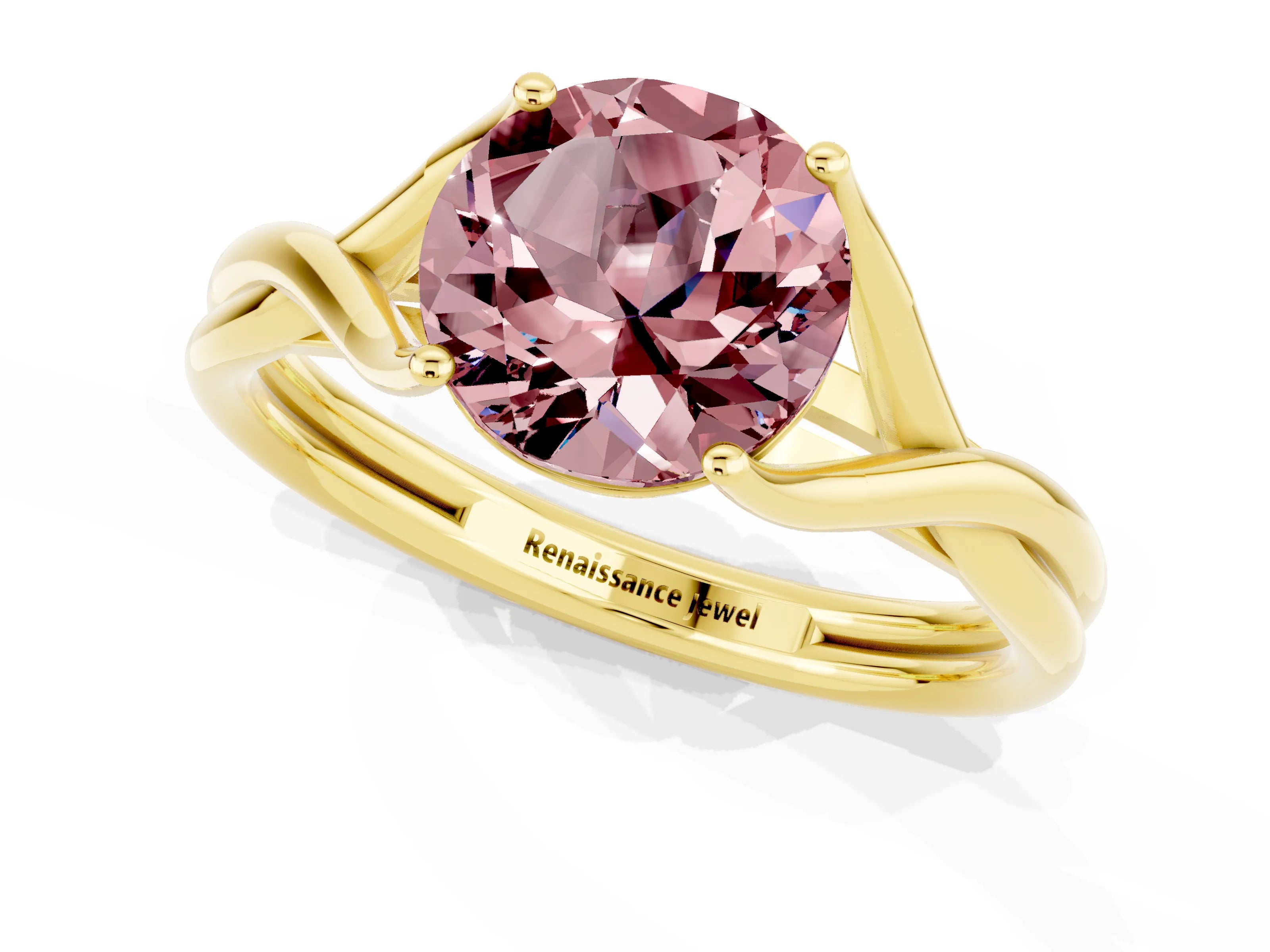 Yellow gold Round Cut Morganite Solitaire Twist Band Prong Setting Ring_56