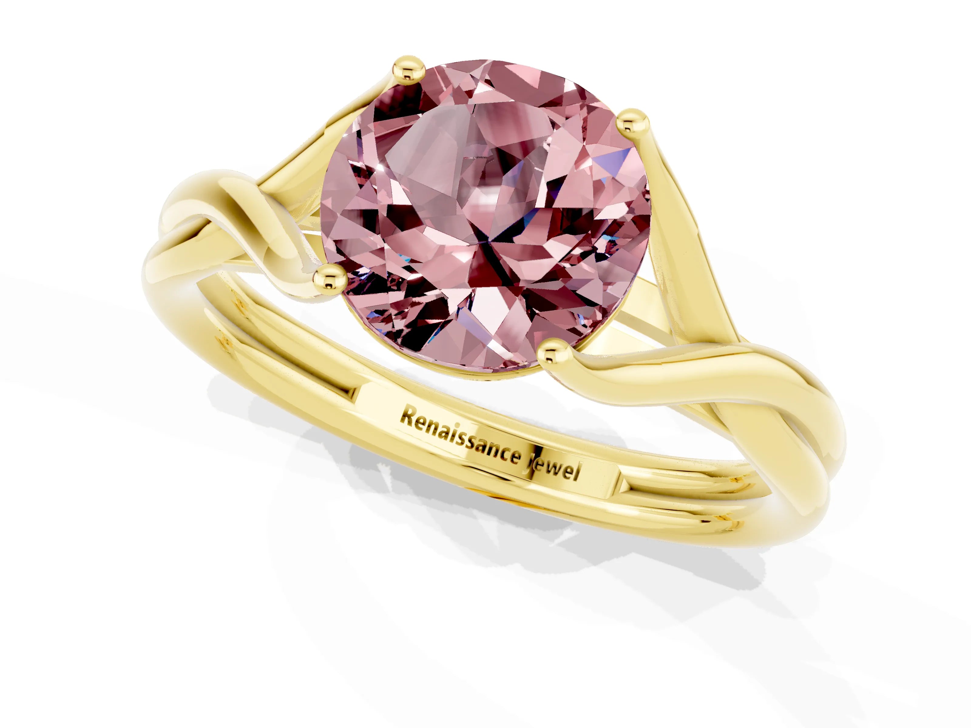Yellow gold Round Cut Morganite Solitaire Twist Band Prong Setting Ring_68