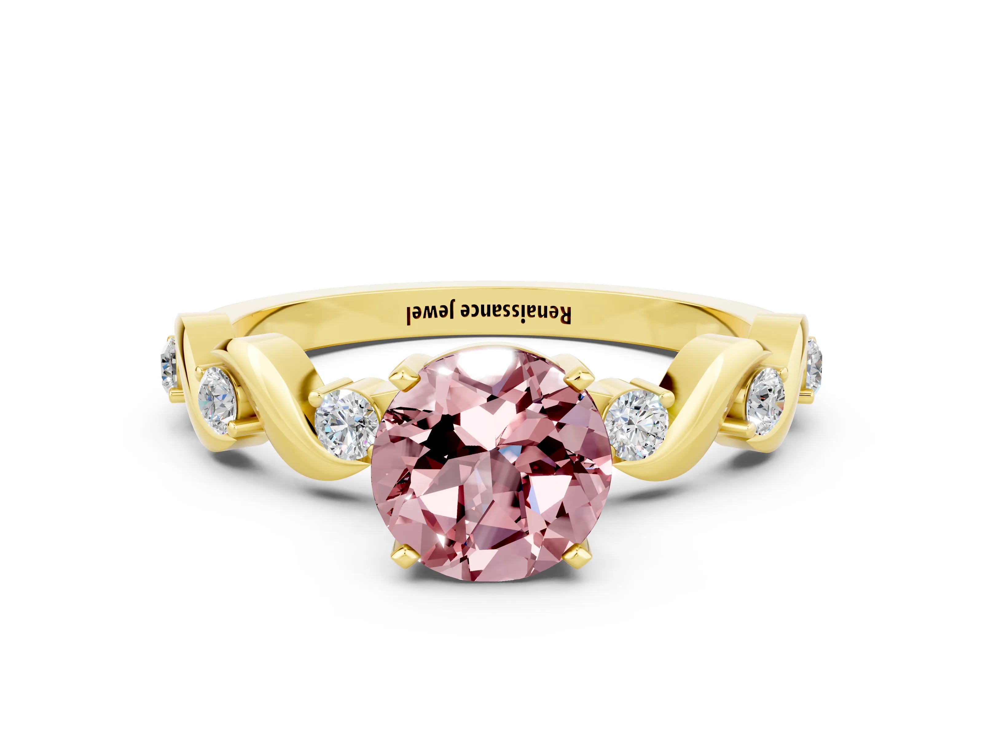 Yellow gold Round Cut Morganite Solitaire Twisted Band with Round  Accents and Prong Setting_12
