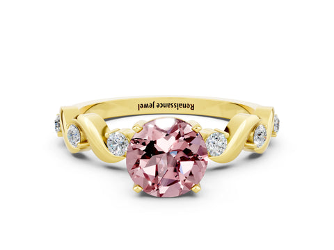 Yellow gold Round Cut Morganite Solitaire Twisted Band with Round  Accents and Prong Setting_12