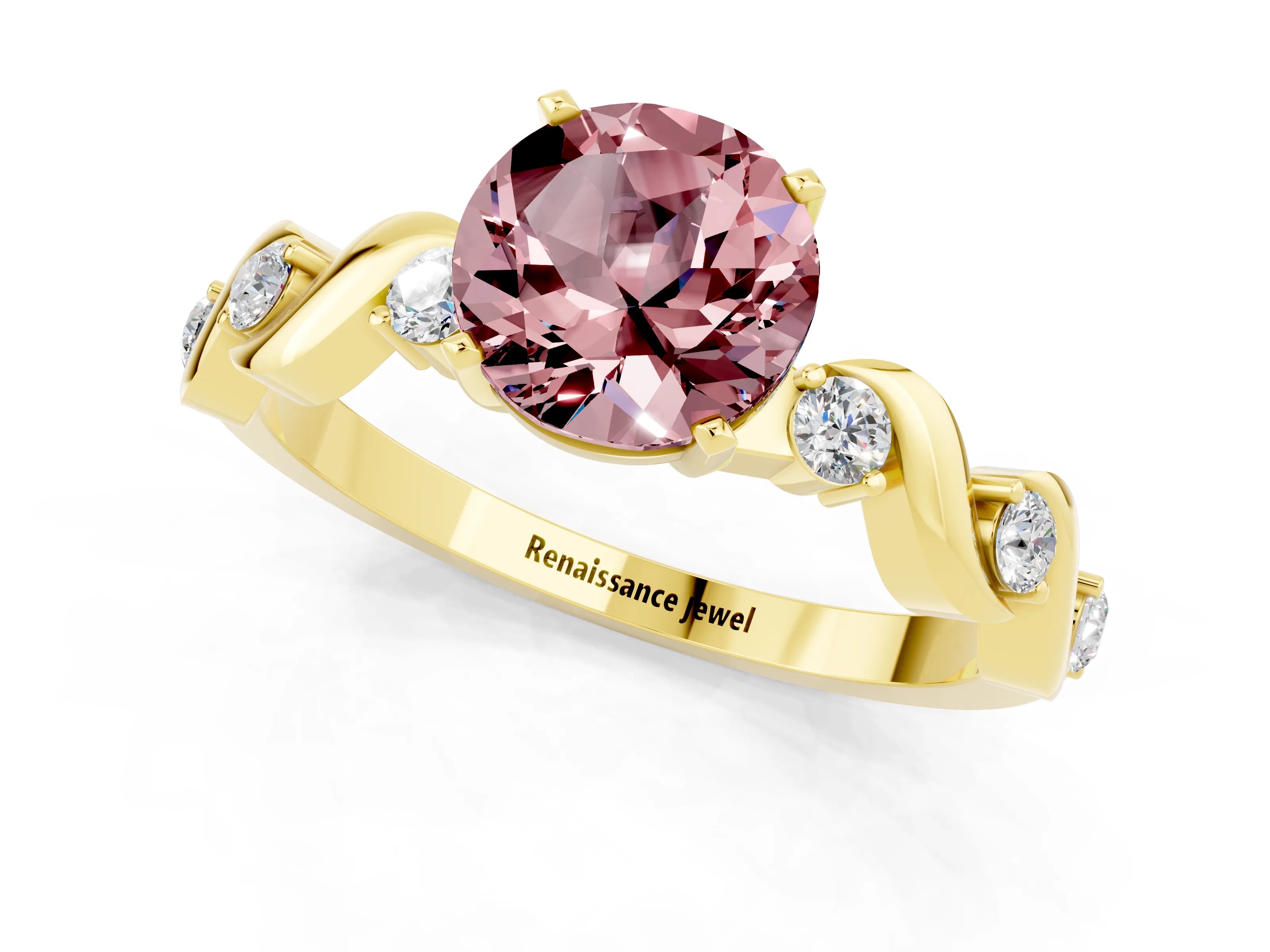 Yellow gold Round Cut Morganite Solitaire Twisted Band with Round  Accents and Prong Setting_13
