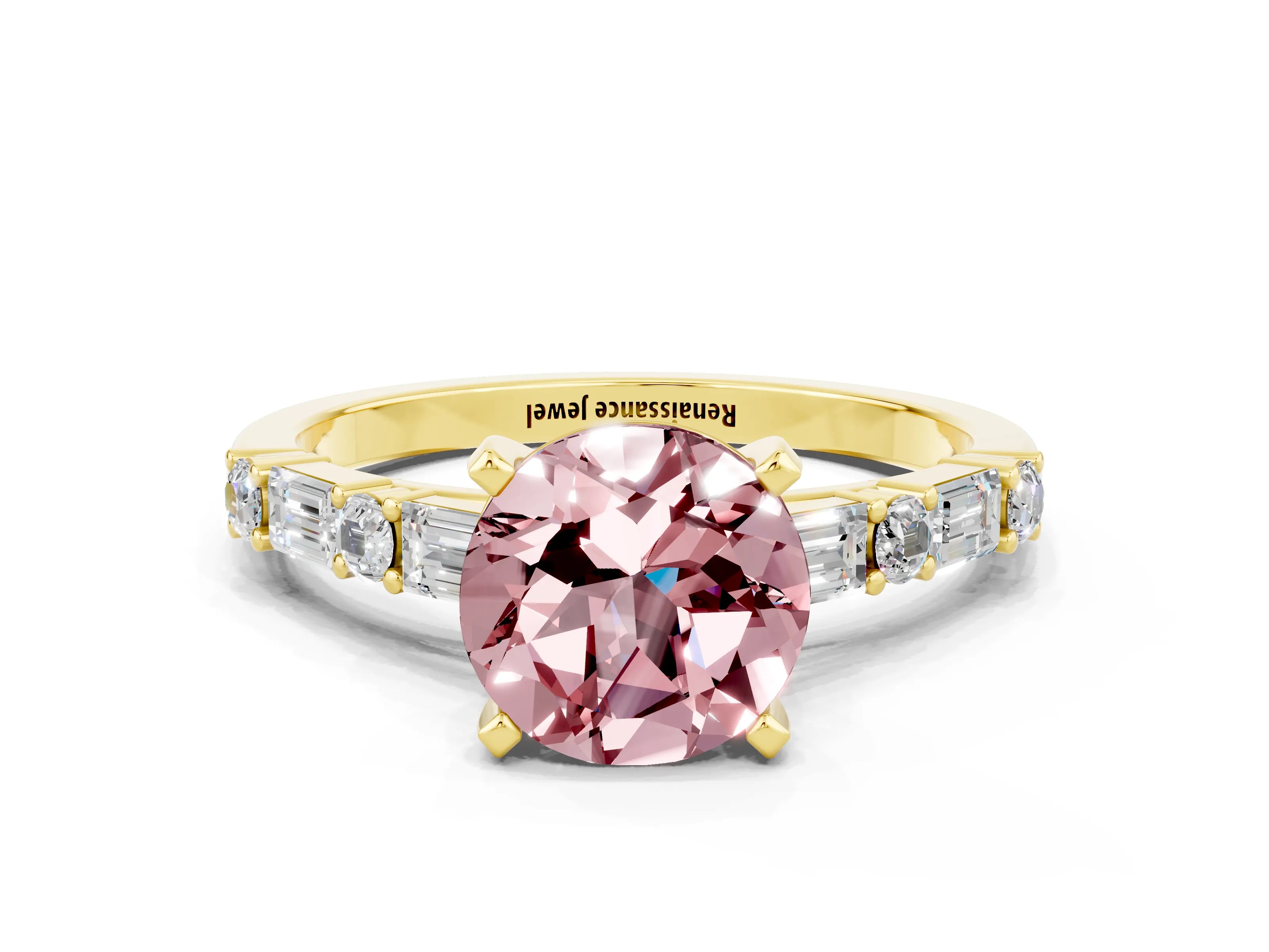 Yellow gold Round Cut Morganite Solitaire with Side Baguettes and Channel Set Band