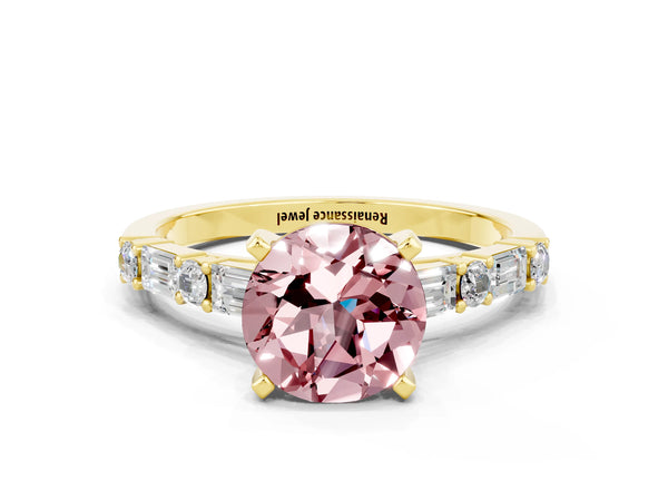 Yellow gold Round Cut Morganite Solitaire with Side Baguettes and Channel Set Band