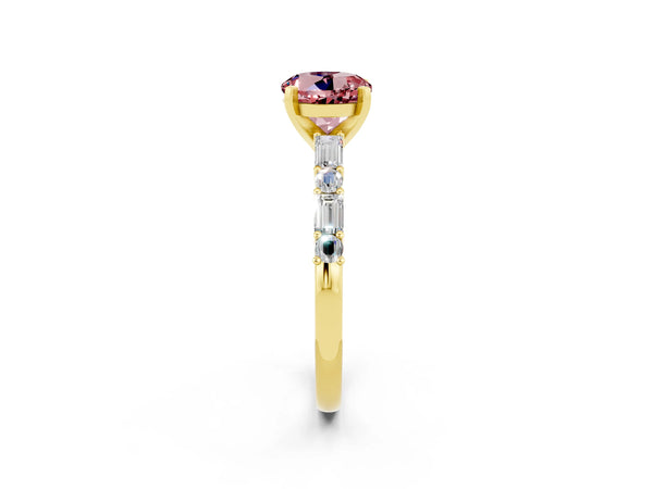 Yellow gold Round Cut Morganite Solitaire with Side Baguettes and Channel Set Band