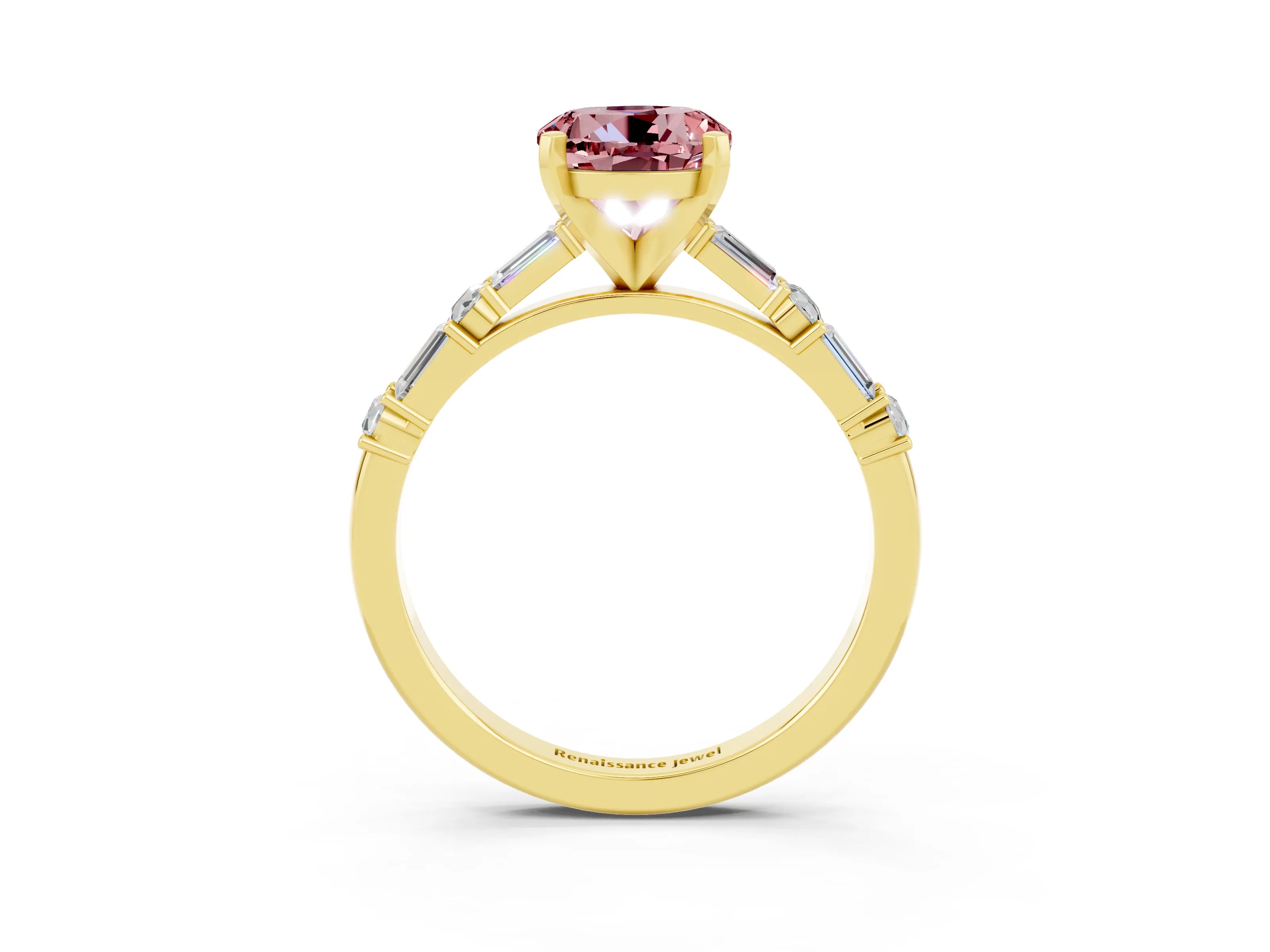 Yellow gold Round Cut Morganite Solitaire with Side Baguettes and Channel Set Band_3
