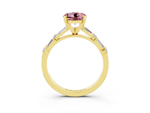 Yellow gold Round Cut Morganite Solitaire with Side Baguettes and Channel Set Band
