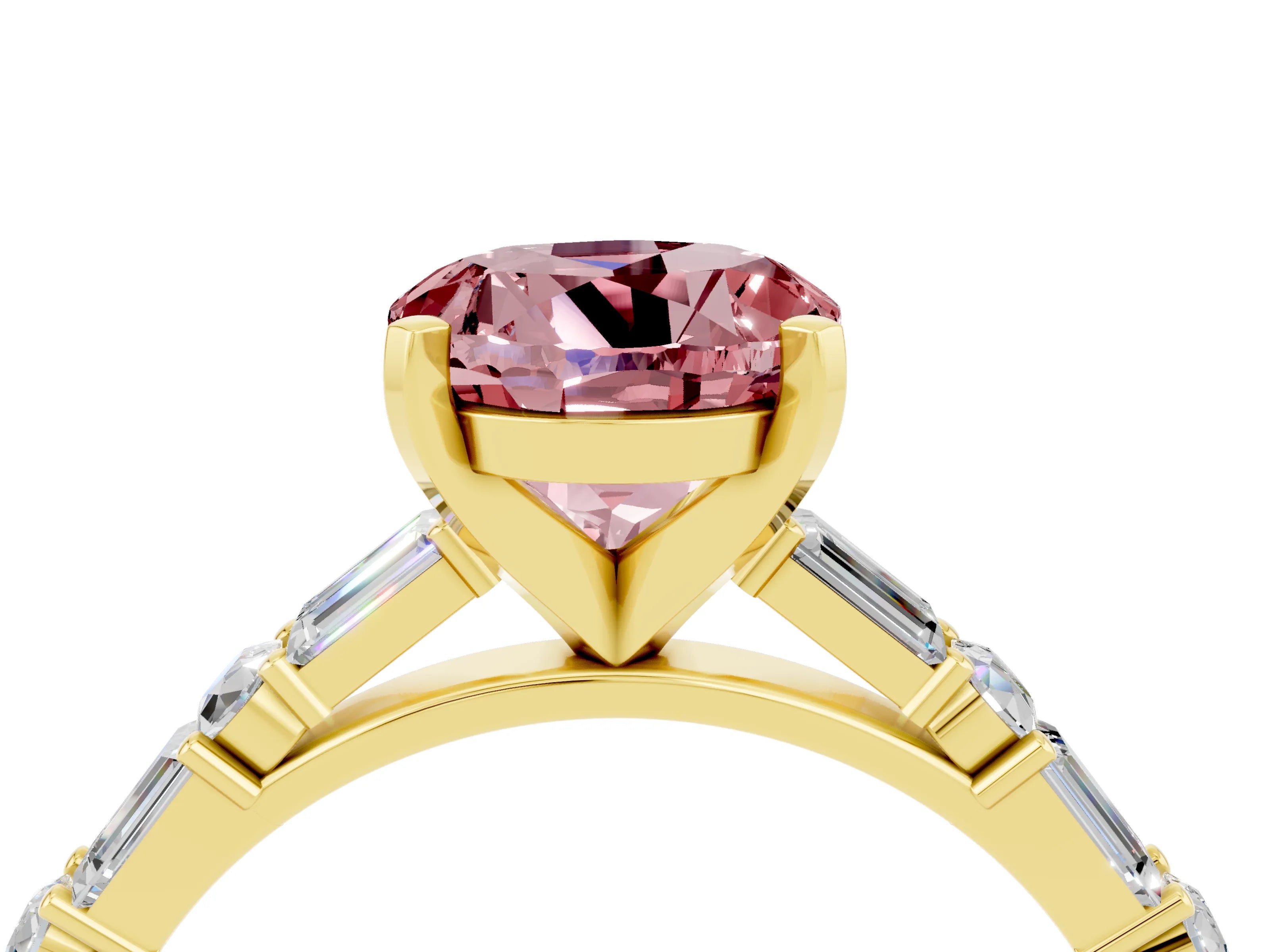 Yellow gold Round Cut Morganite Solitaire with Side Baguettes and Channel Set Band_4
