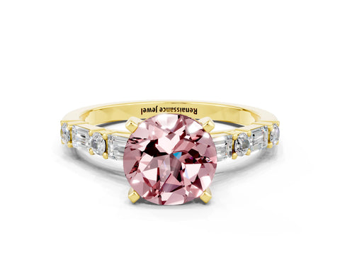 Yellow gold Round Cut Morganite Solitaire with Side Baguettes and Channel Set Band