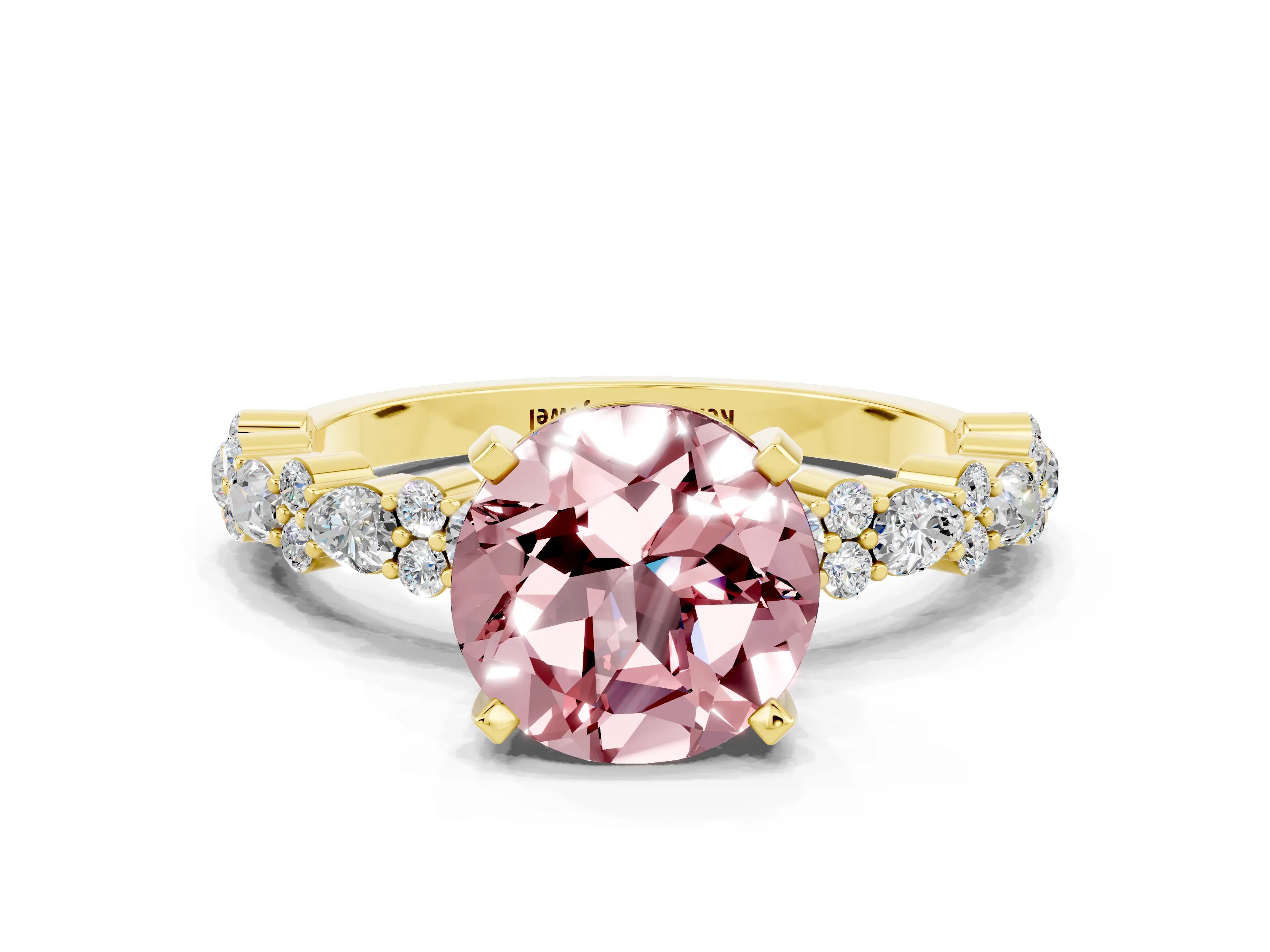 Yellow gold Round Cut Morganite Solitaire with Side Stones, Pave Band, Four-Prong Setting_12