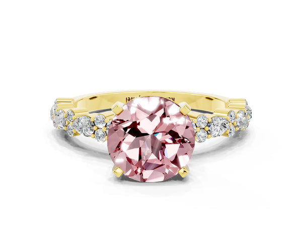Yellow gold Round Cut Morganite Side Stone Solitaire Ring with Round  and Four-Prong Setting