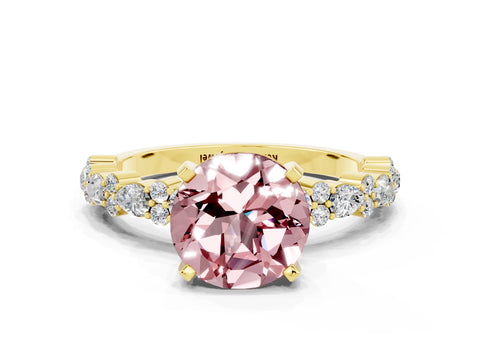 Yellow gold Round Cut Morganite Solitaire with Side Stones, Pave Band, Four-Prong Setting_12