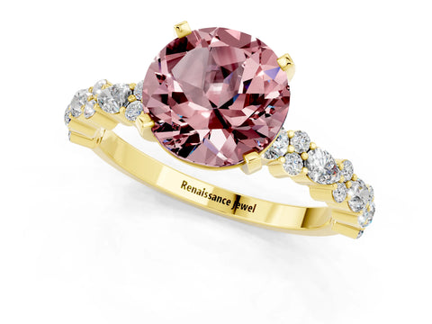 Yellow gold Round Cut Morganite Solitaire with Side Stones, Pave Band, Four-Prong Setting_13
